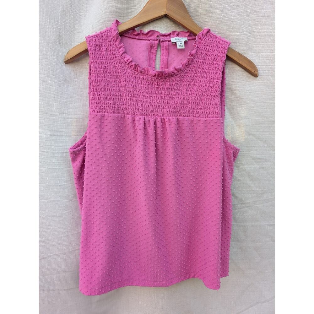 J Crew Clip Dot Tank Top‎ Womens Sz XXL Pink Smocked Keyhole Ruffle Barbie